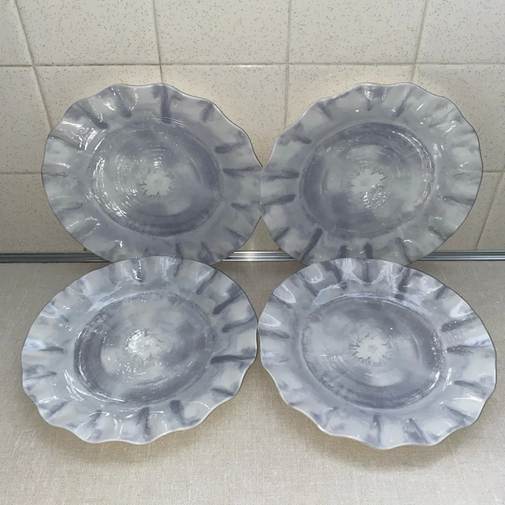 Pier 1 Melamine White Gray Salad Plates Set Of 4 Scallop Edges NWT